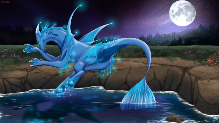 4322chan absurd_res aquatic_dragon ass bioluminescence bioluminescent_eyes blue_body detailed_background dragon female feral feral_only genitals glowing hi_res lake licking light looking_at_viewer marine moonlight night presenting presenting_hindquarters raised_tail reflection self_lick solo tongue tongue_out wet wet_body