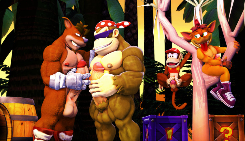 3d 3d_(artwork) balls ballsack bara boner bottomless bottomless_male crash_(series) crash_bandicoot crash_bandicoot_4:_it's_about_time crossover crunch_bandicoot diddy_kong donkey_kong_(series) donkey_kong_country dr.ivopingasnik erect_nipples erect_penis erection frottage funky_kong gay hanging_from_branch male male/male male_only masturbating masturbation muscular muscular_anthro muscular_male nipples nude sfm source_filmmaker tongue tongue_out yaoi