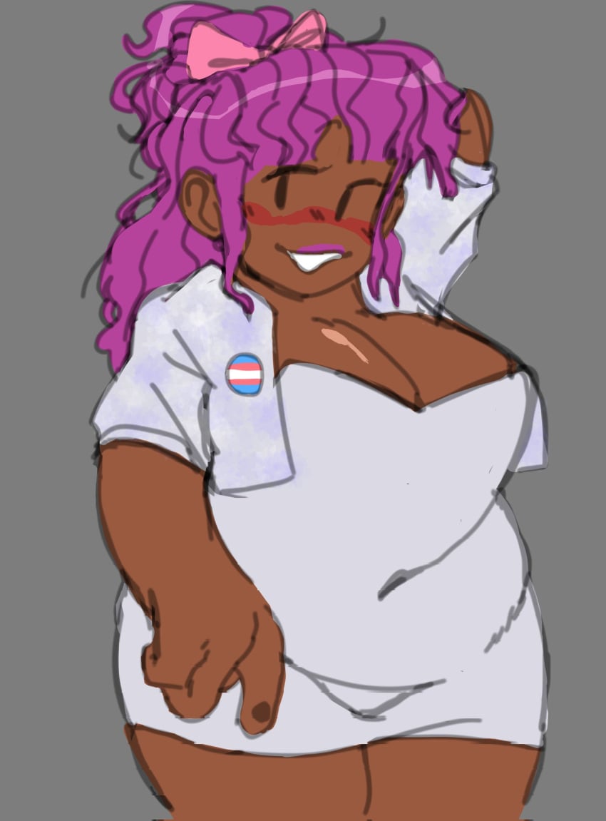 arm_behind_head b3_gf_(blazethewolf55) big_breasts blush chubby dark_skin friday_night_funkin girlfriend_(friday_night_funkin) kooko lipstick nail_polish pink_hair simple_background transgender_pride_colors white_clothing