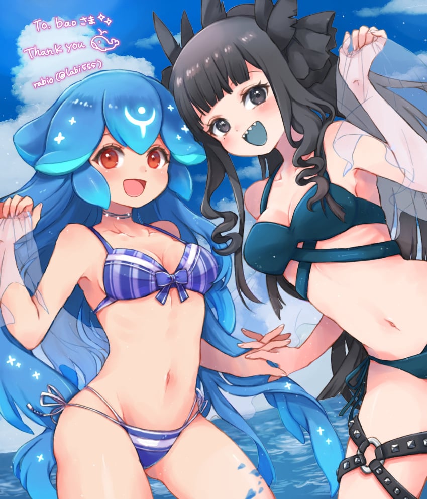 2girls artemis_of_the_blue bao_(vtuber) belly_button bikini black_eyes black_hair blue_hair fingers_interlocked indie_virtual_youtuber labi555 red_eyes sea shark_girl sharp_teeth virtual_youtuber water whale_girl