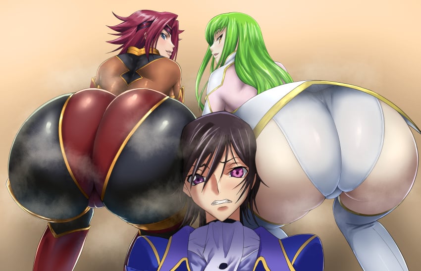 1boy 2girls absurd_res alternate_version_available ass bar_censor big_ass big_butt c.c. code_geass eye_contact face_between_asses female green_hair high_resolution huge_ass huge_butt iwao178 kallen_stadtfeld lelouch_lamperouge long_hair looking_at_viewer looking_back pink_eyes red_hair short_hair thick_thighs tight_clothing