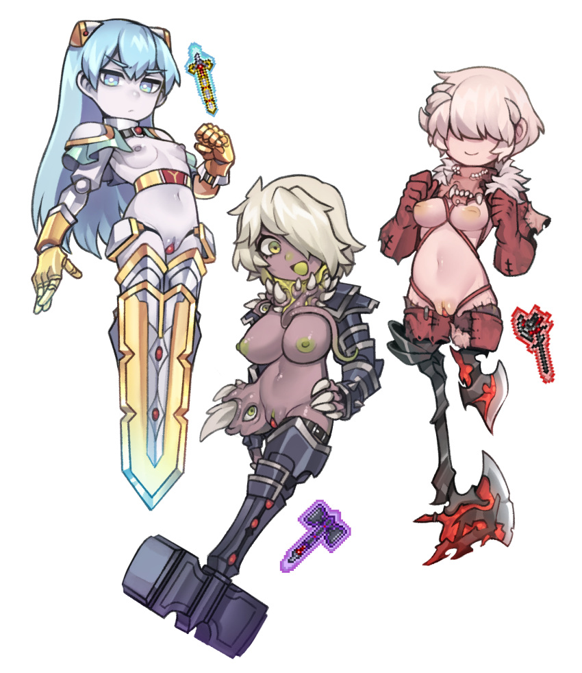 3girls amputee armor axe belt belt_buckle blue_eyes blue_hair breasts buckle claws clothing_request colored_nipples colored_skin commentary crimson_axe_(terraria) cursed_hammer_(terraria) dark-skinned_female dark_skin doll_joints double_amputee enchanted_sword_(terraria) english_commentary eyebrows_visible_through_hair frown gauntlets gijinka green_eyes green_nipples hair_over_eyes hair_over_one_eye hammer highres inverted_nipples joints looking_at_viewer medium_breasts multi_eye multi_mouth multiple_girls navel nyong_nyong pauldrons personification reference_inset shoulder_armor small_breasts stitches sword tentacle terraria weapon white_hair white_skin