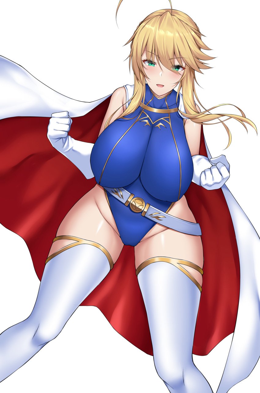 1girls ahoge alternate_clothing alternate_costume alternate_outfit artoria_pendragon artoria_pendragon_(all) artoria_pendragon_(fate) artoria_pendragon_(lancer) artoria_pendragon_(swimsuit_ruler) ass belt belt_buckle big_ass big_breasts big_butt big_thighs blonde_eyebrows blonde_hair blue_belt blue_bodysuit blue_leotard blush bodysuit braid braided_hair breasts cape cosplay costume crown_braid curvaceous curvy curvy_female curvy_figure exposed_breasts fate/grand_order fate/stay_night fate_(series) female fists_clenched gloves green_eyes hair_bun large_breasts legs_apart leotard light-skinned_female light_skin long_hair looking_at_viewer mound_of_venus nekosama_shugyouchuu open_mouth outfit pose posing pov simple_background skin_tight skin_tight_suit skintight skintight_bodysuit skintight_suit sole_female solo_female solo_focus superhero_costume superheroine thick_thighs thigh_highs thighhighs thighs tied_hair tight_clothes tight_clothing tight_fit voluptuous white_background white_cape white_gloves white_thigh_highs white_thighhighs