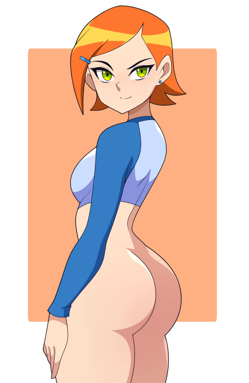 1girls abysswatchers ass ben_10 big_ass big_butt bottomless breasts butt cartoon_network dat_ass eye_contact female green_eyes gwen_tennyson looking_at_viewer orange_hair short_hair small_breasts smile solo standing thick_thighs thighs