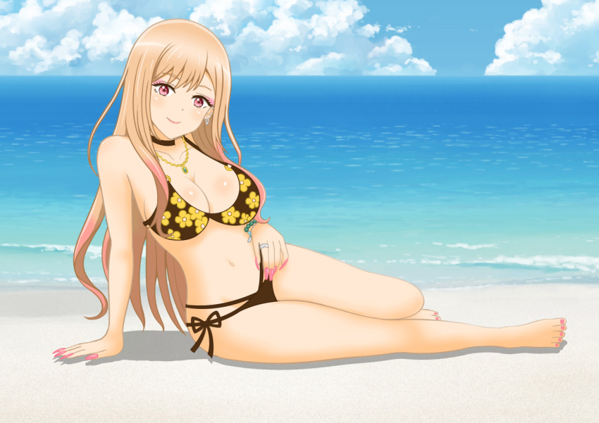 alternate_costume barefoot beach bikini breasts feet female female_only gyaru jophiel kitagawa_marin official_alternate_costume outdoors outside solo sono_bisque_doll_wa_koi_wo_suru tagme water