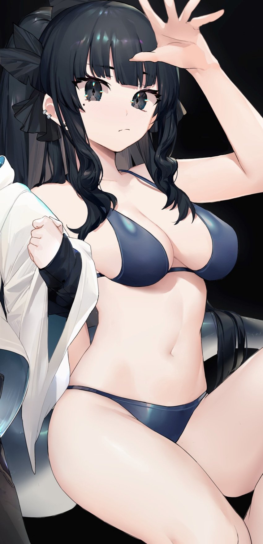 artemis_of_the_blue belly_button big_breasts bikini black_eyes black_hair cropped_image female indie_virtual_youtuber neonbeat shark_girl swimsuit virtual_youtuber