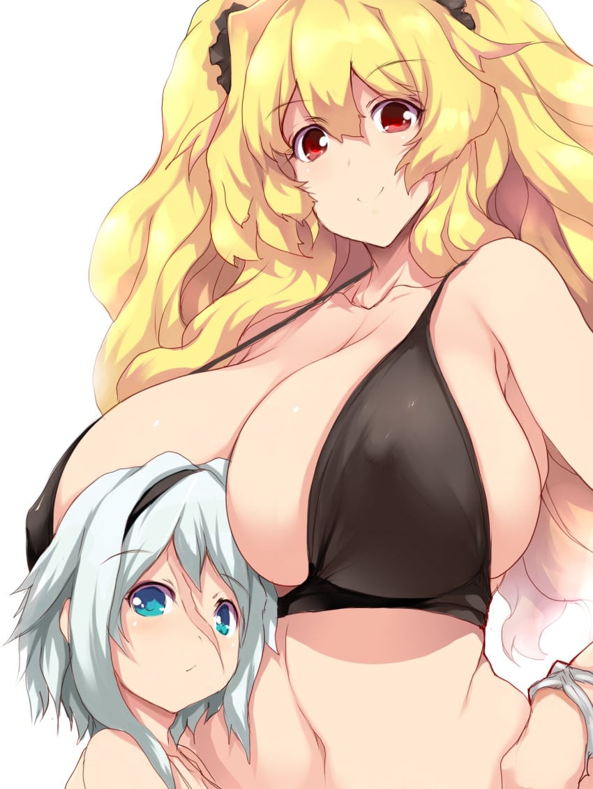 2girls anne_bonny_(fate) anne_bonny_(fate/grand_order) anne_bonny_(swimsuit_archer)_(fate) bangs bare_shoulders bikini black_bikini black_hairband blonde_hair blue_eyes blush bracelet breasts cleavage collarbone fate/grand_order fate_(series) hairband highres huge_breasts jewelry long_hair looking_at_viewer mary_read_(fate) mary_read_(fate/grand_order) mary_read_(swimsuit_archer)_(fate) multiple_girls navel red_eyes scar scar_on_face short_hair sidelocks small_breasts smile swimsuit tsukasawa_takamatsu two_side_up white_bikini white_hair