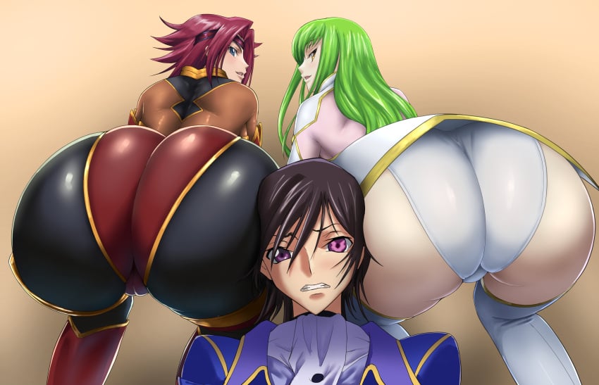 1boy 2girls 2girls1boy absurd_res ass big_ass big_butt butt c.c. code_geass eye_contact face_between_asses female green_hair head_between_cheeks high_resolution huge_ass huge_butt iwao178 kallen_stadtfeld lelouch_lamperouge long_hair looking_at_viewer looking_back male pink_eyes red_hair short_hair thick_thighs tight_clothing