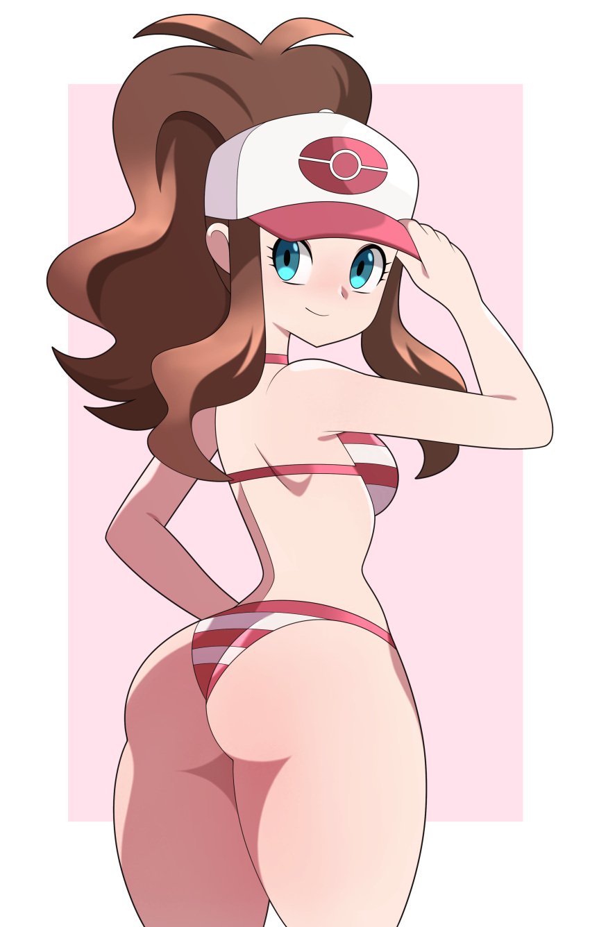 1girls abysswatchers ass bikini blue_eyes blush breasts brown_hair eye_contact female_focus female_only game_freak hat hilda_(pokemon) long_hair looking_at_viewer nintendo pokemon pokemon_bw small_breasts solo standing thick_thighs thighs