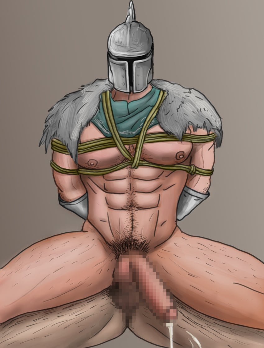 2boys armor arms_behind_back arms_tied_behind_back bare_chest bearer_of_the_curse big_penis body_hair bondage bottomless chest_hair cum_drip dark_souls dark_souls_2 ejaculation fromsoftware fur_collar gauntlets gay happy_trail helmet knight male male_only male_pubic_hair masked masked_male mosaic_censoring mostly_nude muscular muscular_male partially_clothed penis pubic_hair rope rope_bondage scarf solo_focus yaoi