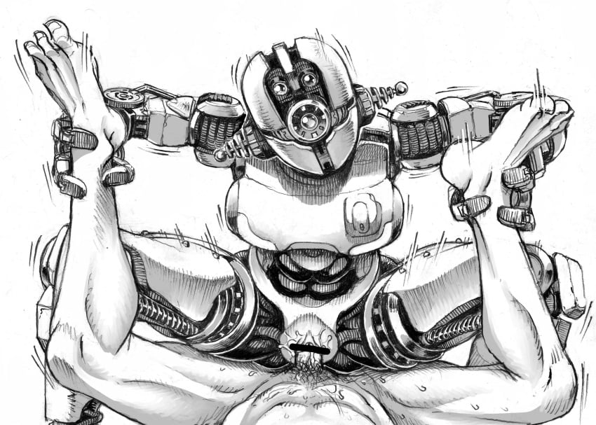 1boy amazon_position ankle_grab assaultron bar_censor censored double_deck fallout fallout_(series) fallout_4 female femdom greyscale head_tilt highres looking_at_viewer monochrome pov pov_crotch robot robot_ears sex simple_background single_eye straight vaginal_penetration white_background