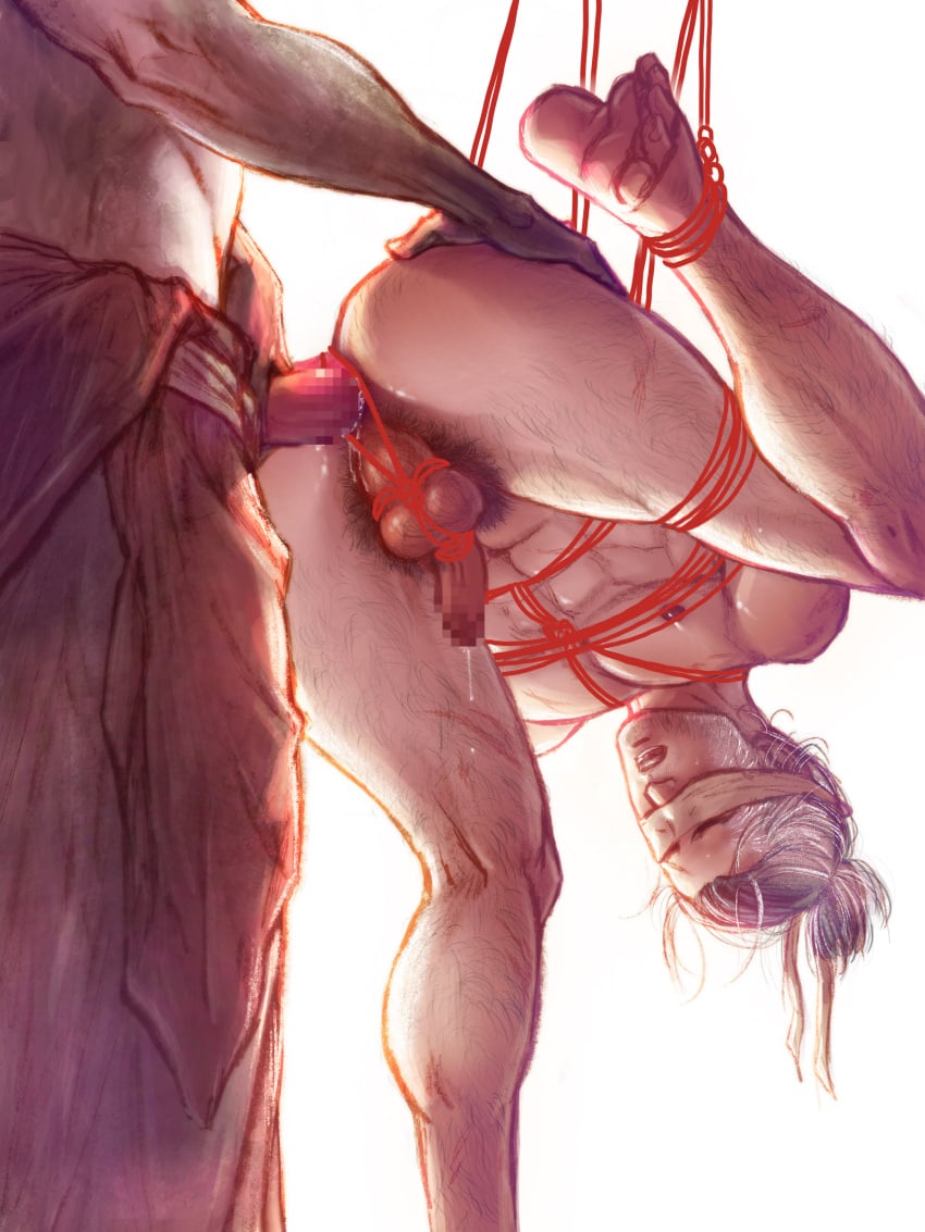 2boys anal anal_hair anal_juice anal_sex anus arms_behind_back blindfold body_hair bondage erection facial_hair flaccid flaccid_while_penetrated fromsoftware gay genichiro_ashina hairy hand_on_ass holding_penis lehanan male male_only male_pubic_hair mosaic_censoring muscular muscular_male nude penis penis_out precum precum_drip pubic_hair rope rope_bondage sekiro sekiro:_shadows_die_twice stubble suspension tied_penis upside-down yaoi