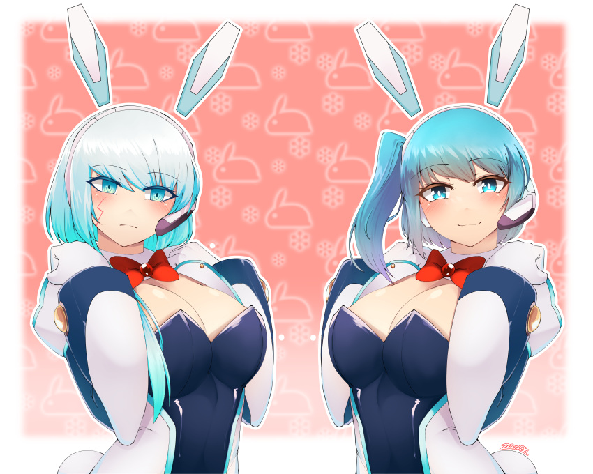 2girls android big_breasts blue_eyes blue_hair blush bunny_ears bunny_girl bunnysuit expressionless female female_focus female_only ico_(mega_man) mega_man mega_man_x_dive rico_(mega_man) robot robot_girl robot_humanoid side_ponytail sisters smile tagme z666ful