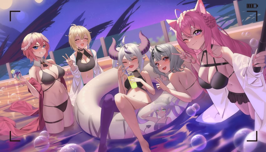 2d 2d_(artwork) 5girls absurd_res asymmetrical_legwear big_breasts bikini bikini_bottom bikini_top blonde_hair blue_eyes cleavage closed_eyes female female_focus female_only flat_chest group hakui_koyori hololive hololive_japan holox horn horns jmao kazama_iroha la+_darknesss long_hair looking_at_viewer medium_breasts pink_hair pool purple_eyes red_eyes sakamata_chloe selfie selfie_stick short_hair silver_hair small_breasts smile smiling smiling_at_viewer swimsuit swimwear takane_lui toned_female virtual_youtuber white_hair wink