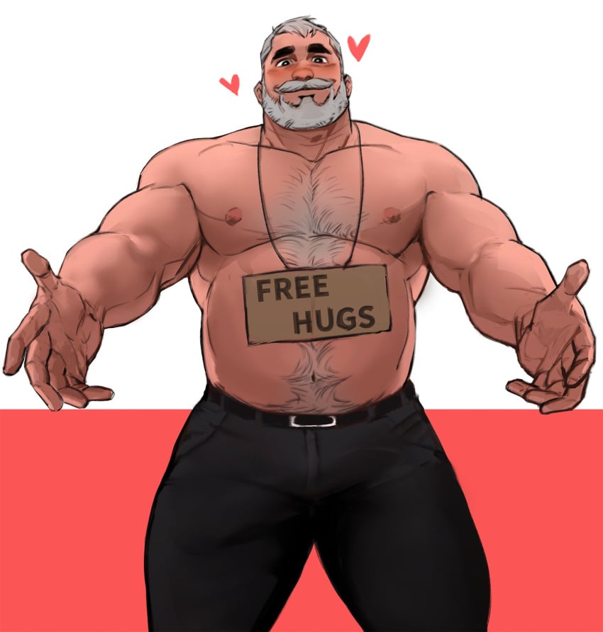 1boy bara beard beefy body_hair dopq facial_hair free_hugs grandpa_hino hairy_male hug_invitation human imminent_hug light-skinned_male male male_nipples male_only manly mature_male musclegut muscles muscular_male mustache no_visible_genitalia pecs solo thick_eyebrows topless_male white_hair wholesome