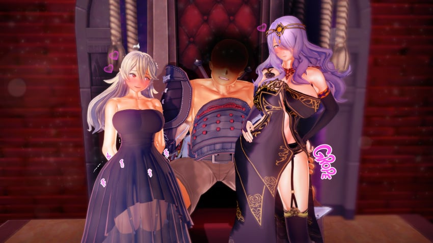 1boy 2girls 3d ass_grab asymmetrical_clothes bare_shoulders bare_thighs blush breasts camilla_(fire_emblem) corrin_(fire_emblem) corrin_(fire_emblem)_(female) dress earrings female fingering fingering_partner fire_emblem fire_emblem_fates garter_belt garter_straps grey_hair groping hair_over_one_eye hans_(fire_emblem) harem huge_breasts king large_breasts long_hair male multiple_girls muscular_male nintendo princess purple_eyes purple_hair queen red_eyes revealing_clothes royalty see-through sisters smile sound_effects thighs throne v-kris vaginal wife