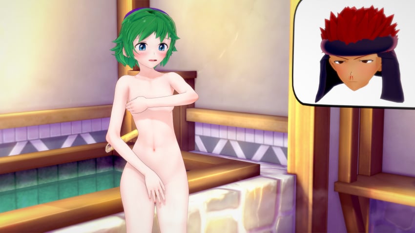 1boy 1girls 3d bath bathroom belly_button blue_eyes blush breasts completely_nude covered_breasts covering covering_crotch embarrassed fire_emblem fire_emblem:_the_blazing_blade green_hair jaffar_(fire_emblem) jollyoldsoldier koikatsu nino_(fire_emblem) nosebleed nude nude_female red_hair small_breasts