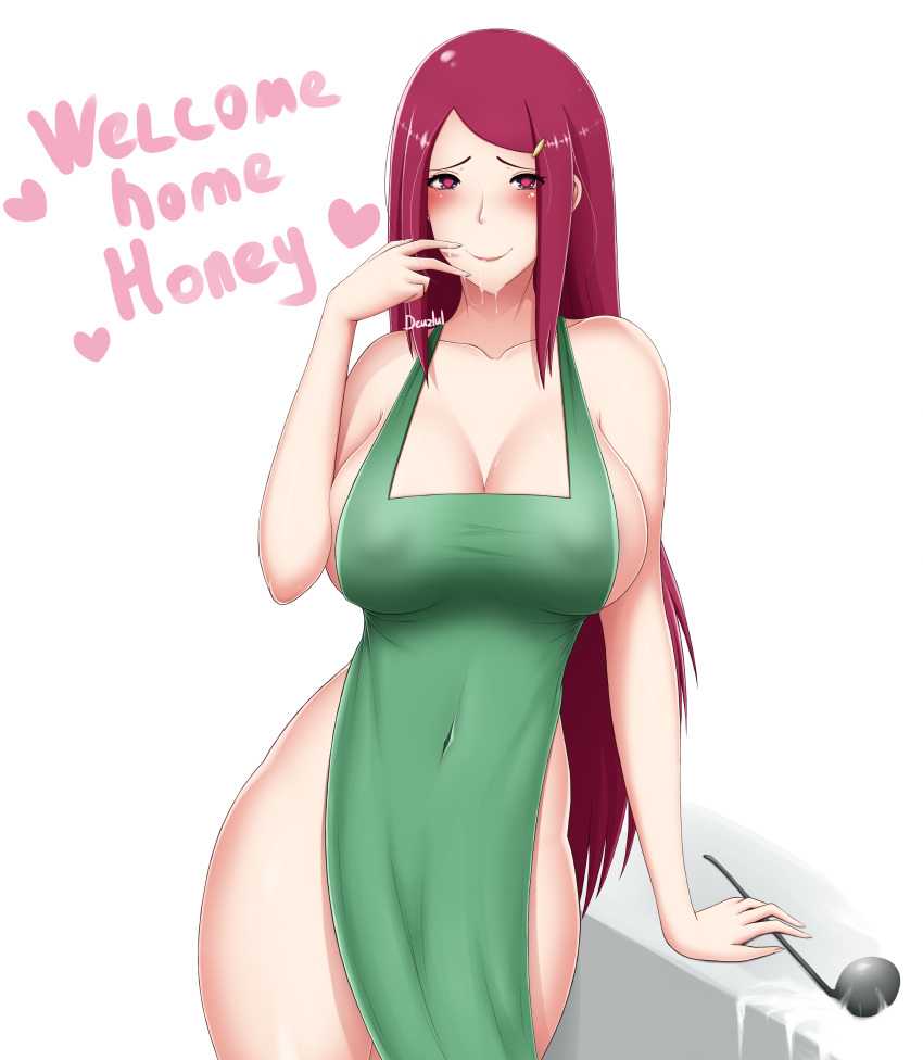 almost_naked apron apron_only barely_clothed black_eyes blush cooking deuzlul dialogue dripping female female_only hairclip heart-shaped_pupils ladle large_breasts long_hair looking_at_viewer mature_female milf mostly_nude naked_apron naruto naruto_(series) naruto_shippuden red_hair revealing_clothes sexually_suggestive smile solo solo_female solo_focus suggestive_fluid symbol-shaped_pupils talking talking_to_viewer tasting text thick thick_thighs thighs uzumaki_kushina voluptuous wet_fingers wide_hips