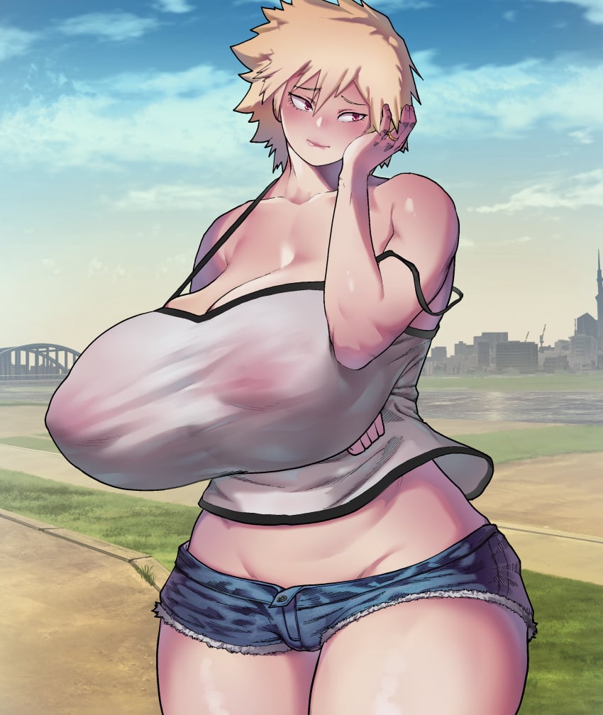 1girls big_breasts blonde_hair blue_shorts blush booty_shorts breasts erect_nipples female female_only hair hand_on_face huge_breasts large_breasts mature mature_female milf mitsuki_bakugou mother my_hero_academia nipples nipples_visible_through_clothing red_eyes ring shirt shorts solo solo_female thick_thighs thighs topwear wedding_ring wide_hips zippio95