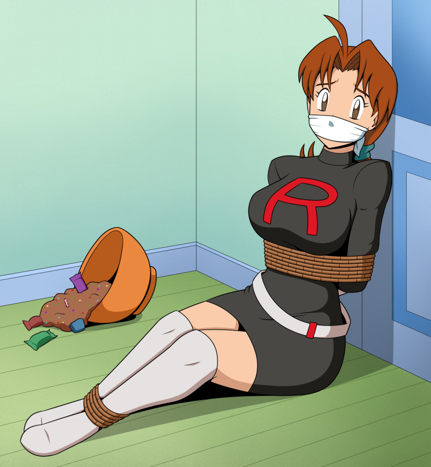 1girls bondage bound bound_ankles bound_arms cloth_gag clothed_bondage delia_ketchum_(pokemon) female gag gagged imightbemick pokemon tagme tied_up