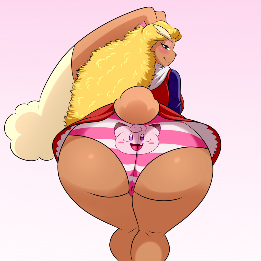 1:1 anthro ass big_butt blonde_hair clefairy clothing cosplay female green_eyes hair hi_res laramee_(aj_the_flygon) lonbluewolf looking_at_viewer lopunny nintendo pokémon_(species) pokemon pokemon_(species) roll_(cosplay) solo underwear video_games wide_hips