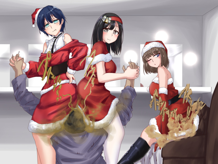 3girls ass_on_face big_ass facesitting fart fart_bukkake farting_in_face fetish merry_christmas multiple_girls shinzanmono_(shinzanmono108) sniffing_ass