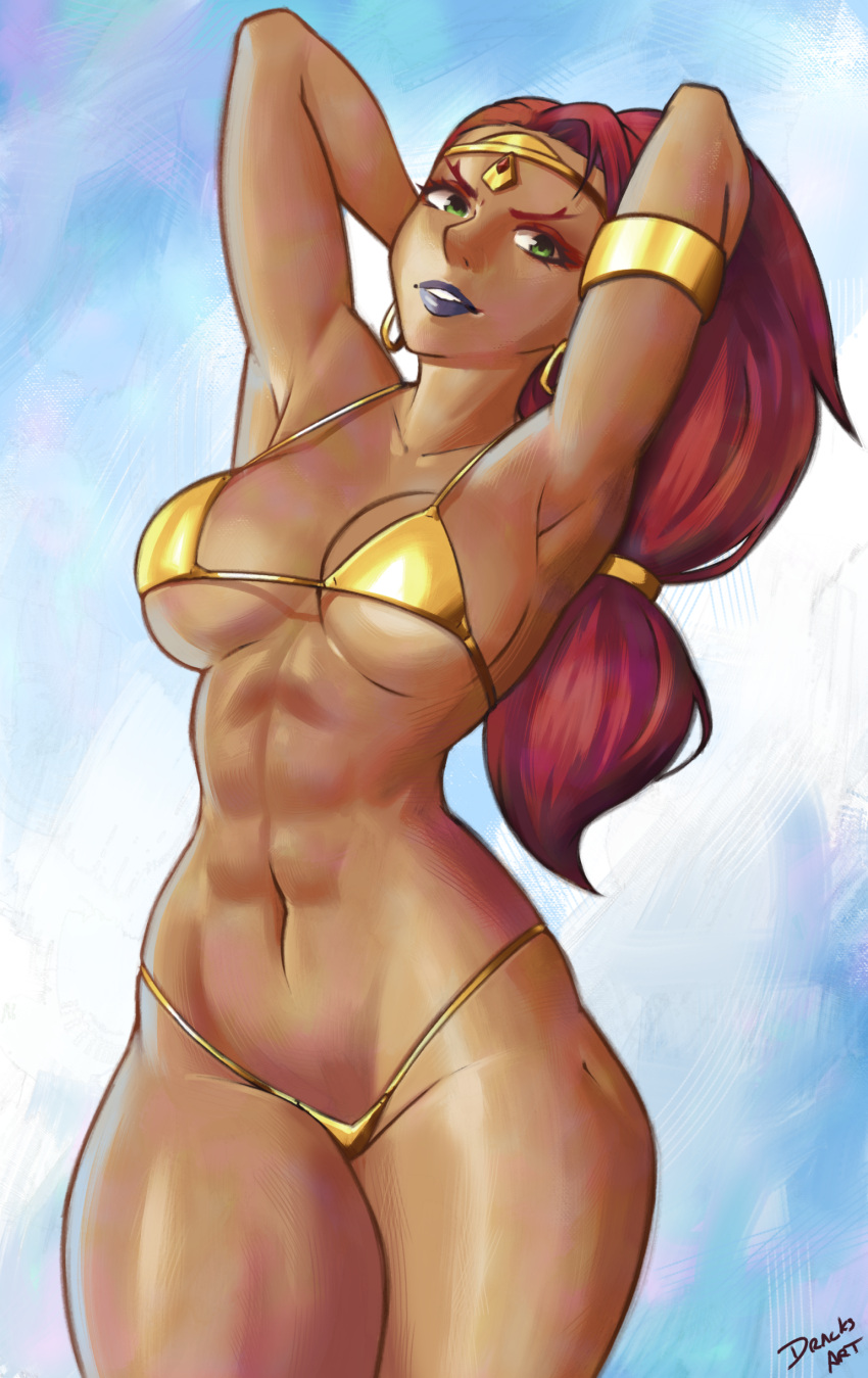 1girls abs armband armlet armpits arms_behind_head bikini breath_of_the_wild circlet cleavage dark-skinned_female dracksart fit_female gerudo gold_(metal) golden_bikini green_eyes hourglass_figure large_breasts long_hair looking_at_viewer navel nintendo pose posing red_hair sensual sexy_armpits smile the_legend_of_zelda urbosa