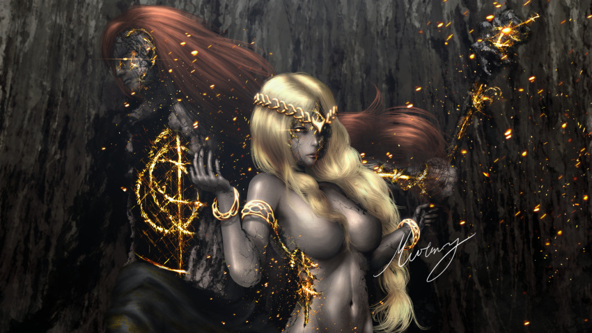 1boy 1girls 2022 abs big_breasts blonde_hair deity elden_ring female fromsoftware goddess mutang nude nude_female queen_marika_the_eternal radagon_of_the_golden_order red_hair