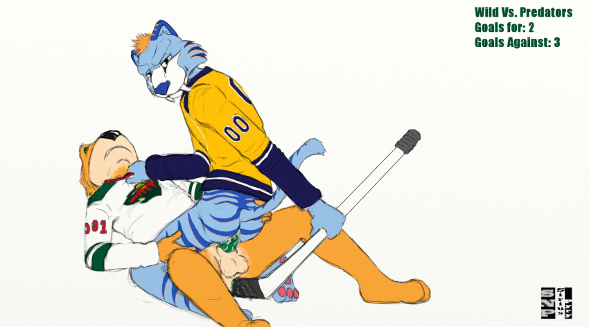 cowboy_position cum_in_ass cum_inside erect_penis erection gay gnash hockey hockey_jersey hockey_stick male_only mascot minnesota_wild naked nashville_predators nhl nordy sabertooth_(feature) siriusandpyri