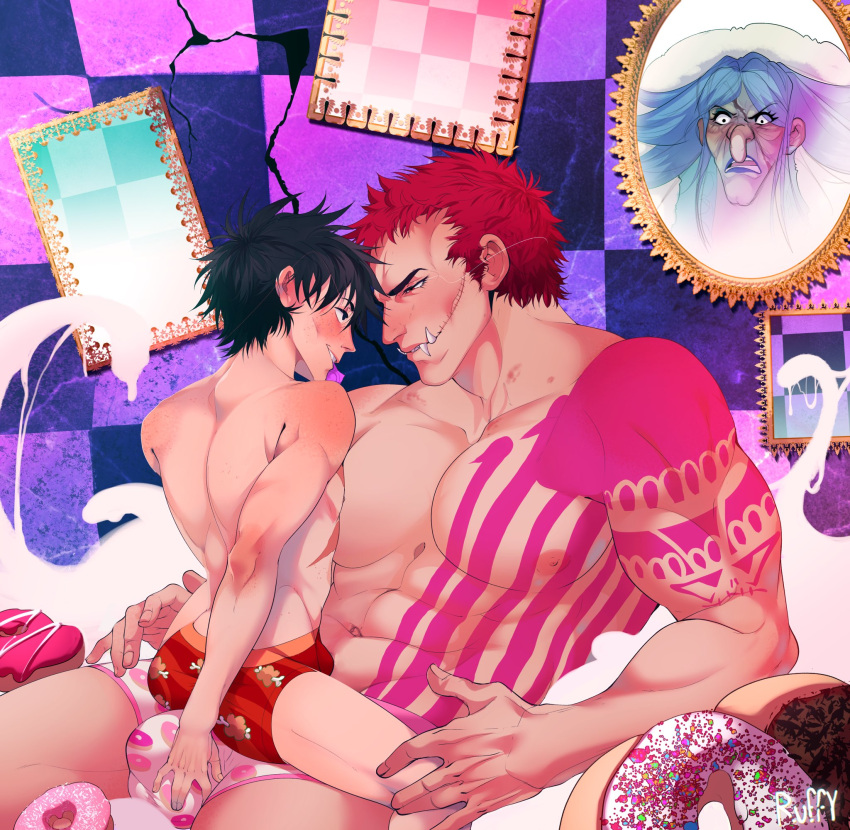 bulge charlotte_brulee charlotte_katakuri dry_humping gay hand_on_bulge hand_on_penis lapdance male_only monkey_d_luffy muscular_male on_lap one_piece scar size_difference tattoo yaoi