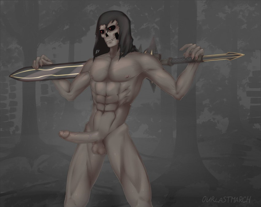 abs big_penis dark_souls darkwraith erection fromsoftware grey_body grey_skin hood male male_only muscular muscular_male nude ourlastmarch partially_retracted_foreskin penis sharp_fingernails skull solo sword uncensored uncut veiny_penis weapon