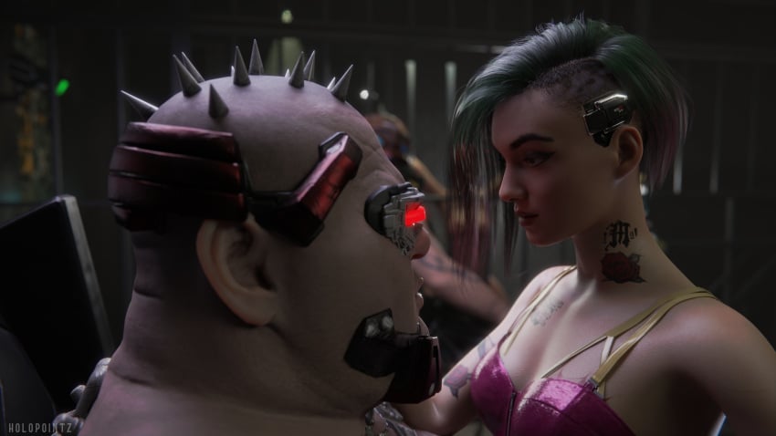 3d 4k bondage cyberpunk_2077 female green_hair holopointz judy_alvarez kidnapped light-skinned_female maelstrom maelstrom_(cyberpunk_2077) male original_character petite petite_body purple_hair