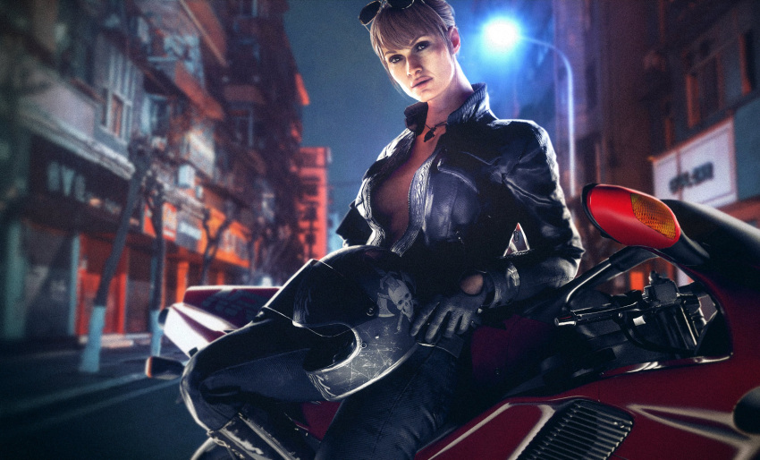 1girls bike breasts call_of_duty call_of_duty_black_ops_cold_war detailed_background flickytuts gloves helmet leather_jacket looking_at_viewer necklace no_bra open_jacket red_hair solo_female sunglasses_on_head yirina_portnova