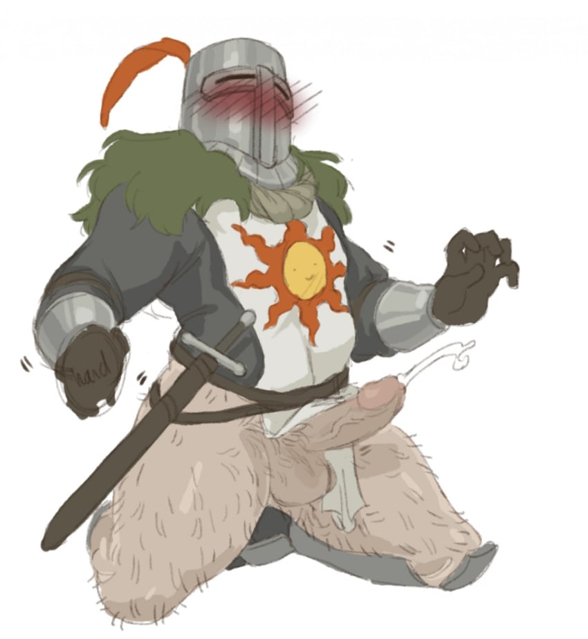 armor blush body_hair bottomless dark_souls ejaculation erection fromsoftware gloves hairy helmet helmet_covering_face kneeling knight knight_error knighterrant male male_only penis solaire_of_astora solo sword thick_thighs uncensored veiny_penis