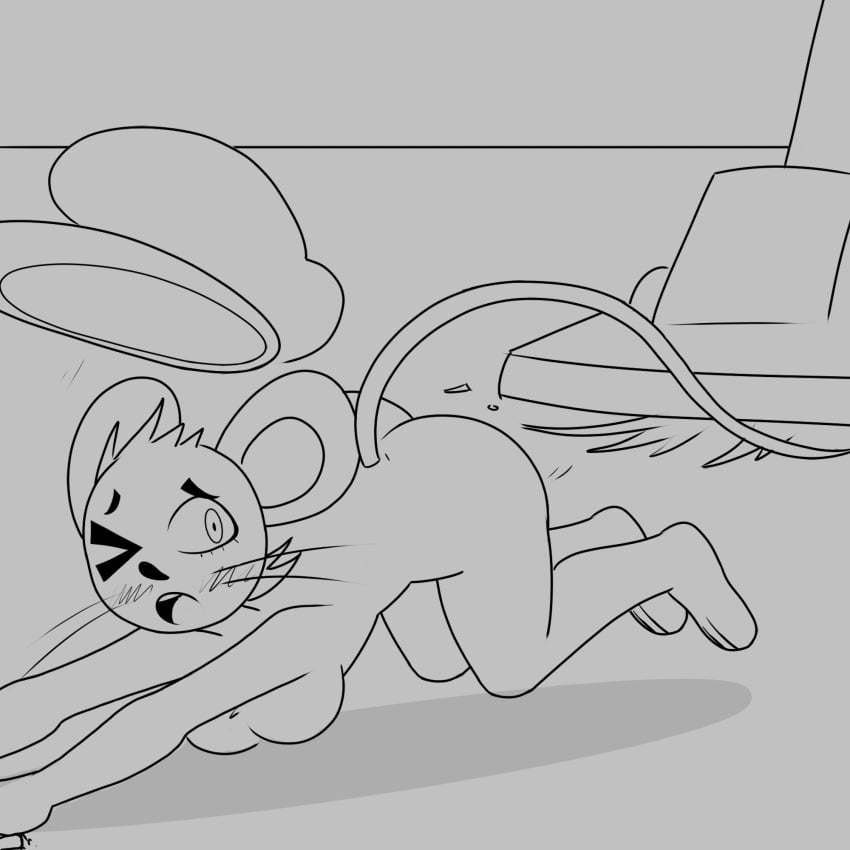 akiko_rabbit all_fours anthro ass blush blush_lines blushing breasts furry line_art looking_back mouse mouse_ears mouse_girl mouse_tail nude one_eye_closed open_mouth running scared senftember senftember_(2023) shadow tagme vacuum