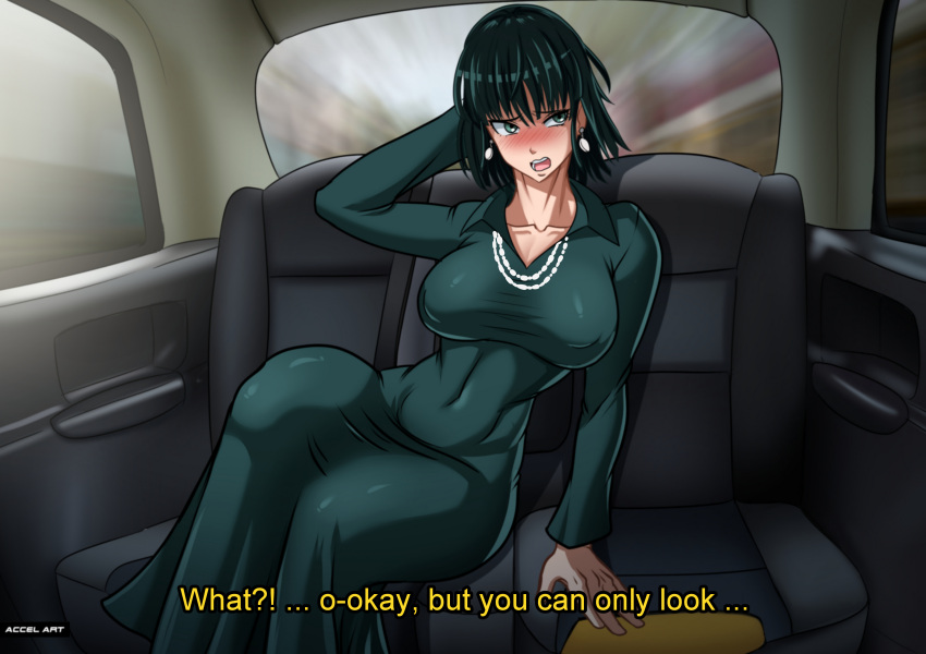 1girls accelart ass big_ass big_breasts blush breasts dark_hair dialogue fake_taxi female fubuki_(one-punch_man) green_eyes green_hair hips medium_hair midriff one-punch_man short_hair taxi thick thick_ass thick_thighs voluptuous wide_hips