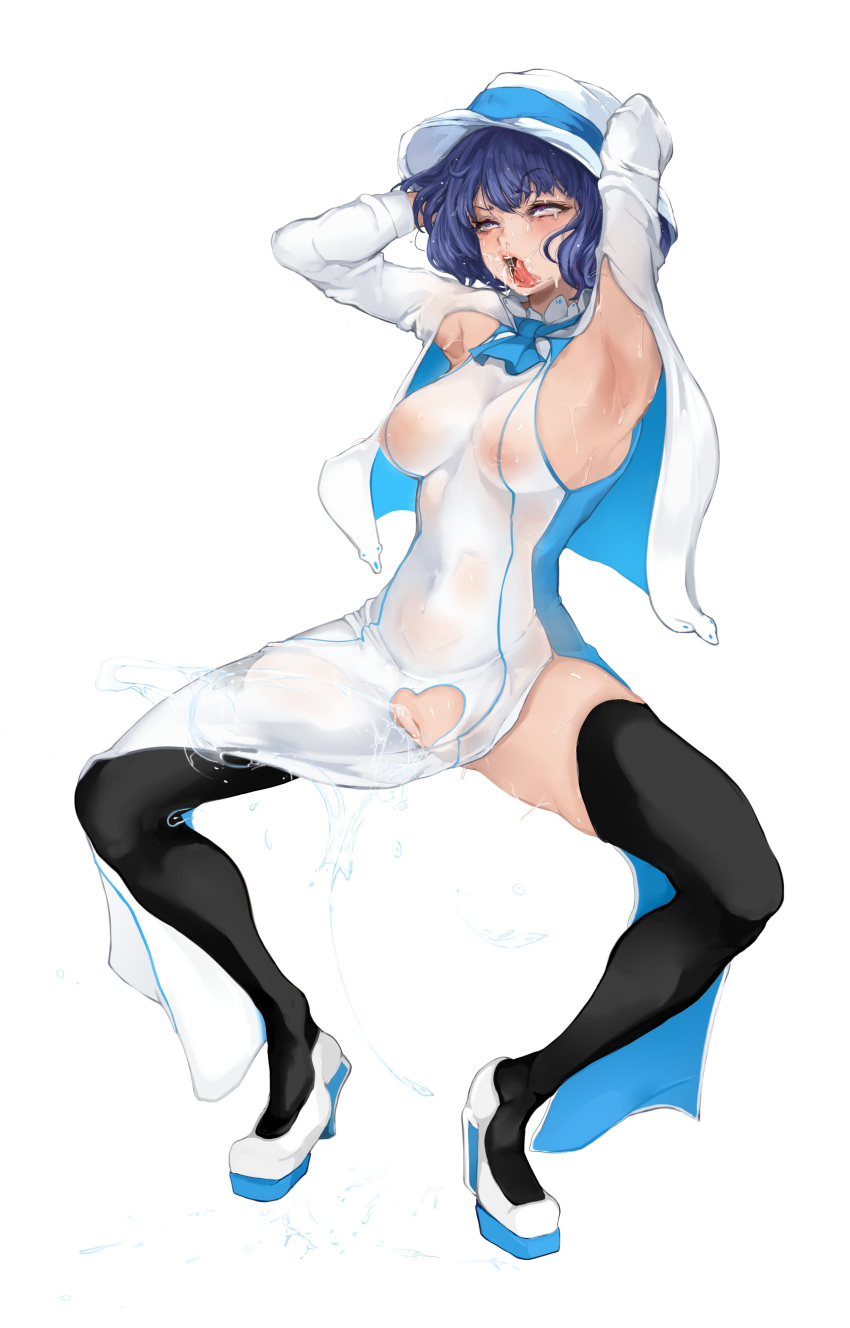 absurdres ahe_gao armpits arms_up bangs black_legwear blue_eyes blue_hair breasts capelet covered_nipples crotch_cutout dress eyebrows_visible_through_hair female full_body hat high_heels highres lips mamimi_(artist) mamimi_(mamamimi) medium_breasts peeing pussy rolling_eyes saliva see-through short_hair sideboob simple_background solo spread_legs squatting suntory suntory_nomu sweat teeth thighhighs thighs uncensored virtual_youtuber wet wet_clothes wet_dress white_background white_footwear