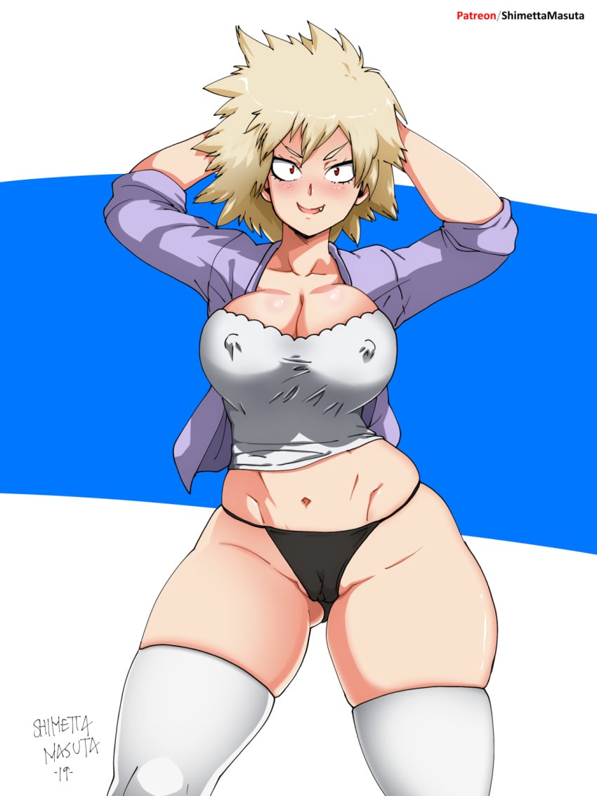 1girls ass ass_visible_through_thighs big_breasts black_panties blonde_hair blush bottomwear breasts curvy erect_nipples female female_only hands_behind_head looking_at_viewer mature_female milf mitsuki_bakugou mother my_hero_academia open_shirt panties picot_trim picot_trim_top red_eyes shimetta_masuta shirt solo solo_female thick_thighs thighhighs topwear visible_pussy white_thighhighs wide_hips