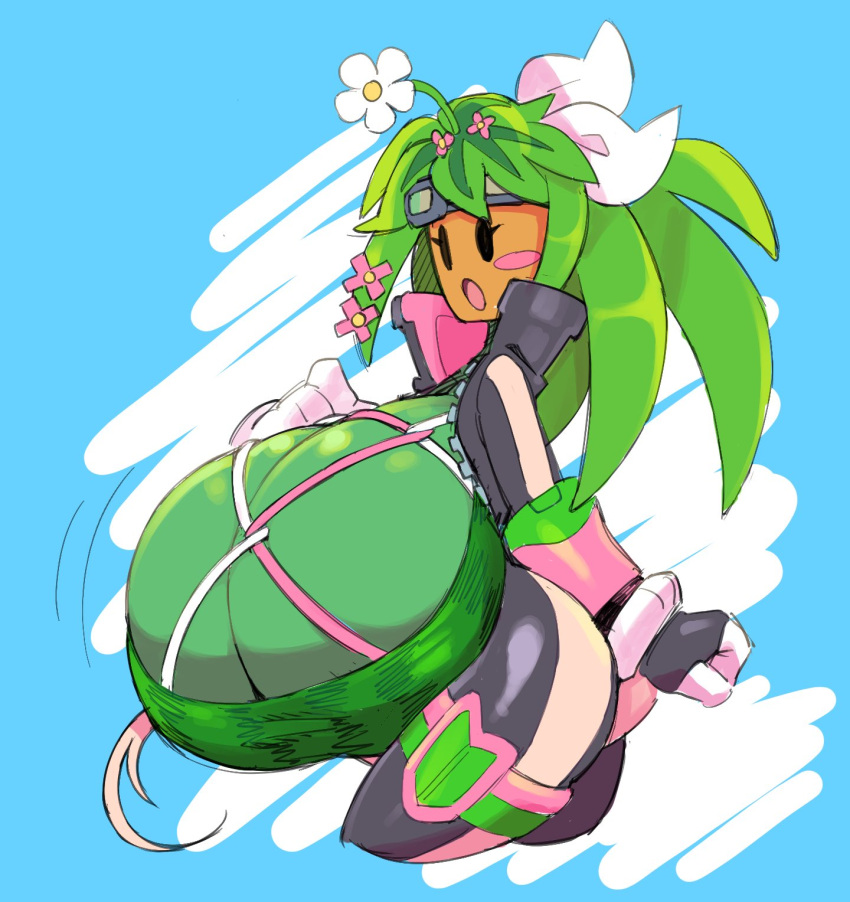 anthro anthrofied big_breasts black_eyes blaster_master blaster_master_zero blaster_master_zero_2 blaster_master_zero_3 blush bodysuit breasts caliginous color eyelashes female female_only flower green_hair green_skin huge_breasts humanoid kanna_(blaster_master) large_breasts leaf_hair looking_at_viewer mob_face open_mouth plant plant_girl plant_humanoid plantie smile solo solo_female teeth thick_thighs top_heavy watermelon_bra watermelon_nets wide_hips