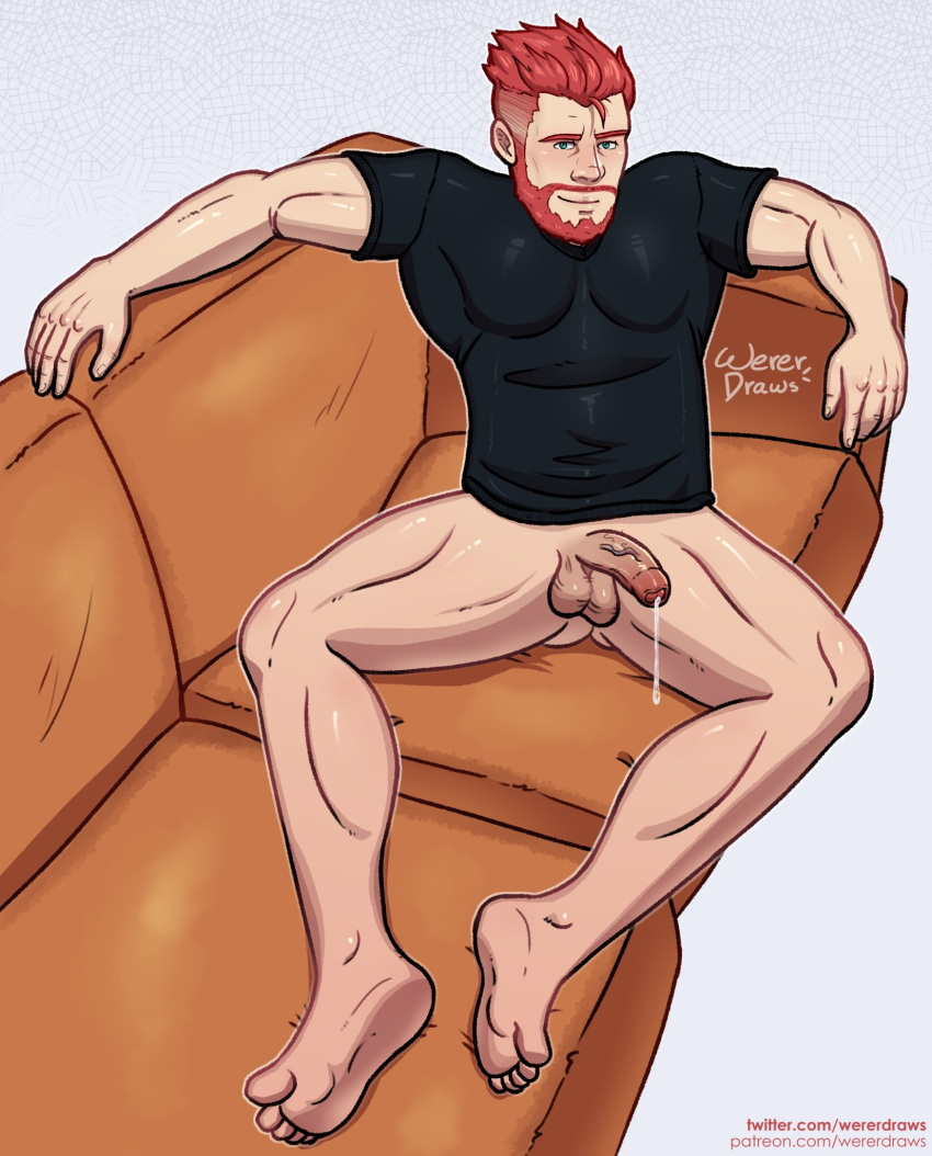 1boy balls ballsack beard bottomless couch facial_hair foreskin green_eyes human intact looking_at_viewer male male_only marvelous_(baradorable) muscles muscular_male penis precum precum_drip red_hair scrotum semi-erect shaved_crotch smiling_at_viewer smooth_skinned_male solo testicles twitter_user_oc uncut unretracted_foreskin veiny_penis wererdraws