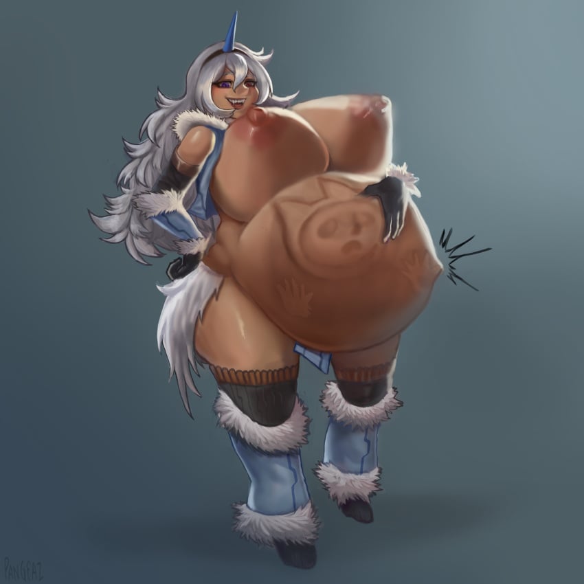 belly big_belly breasts character_request dark-skinned_female dark_skin female hand_on_belly huge_breasts kirin_(armor) large_belly monster_hunter nipples pangeaz same_size_vore vore white_hair