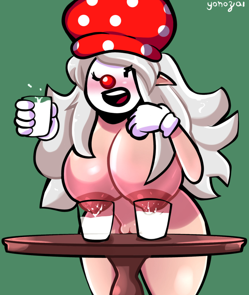 1girls areolae big_breasts blush breasts clown clown_girl clown_nose cup cup_of_milk exposed_breasts floating_hand lactation milk milking nipples oc red_nose roblox robloxian self_upload tagme thick_thighs white_hair yonozai