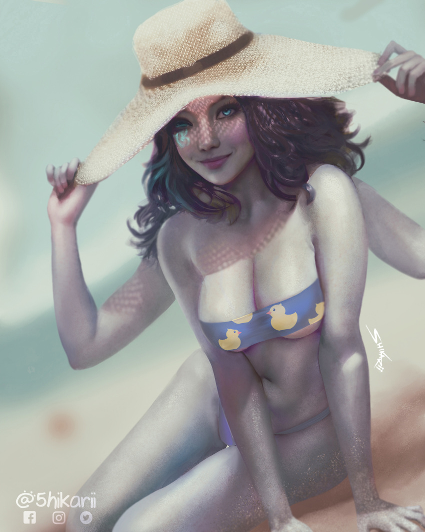 4_arms bandeau bandeau_bikini beach big_breasts bikini blue_eyes cleavage curly_hair detailed elden_ring female female_only fromsoftware looking_at_viewer multi_arm multi_limb navel one_eye_closed pale-skinned_female pale_skin ranni_the_witch realistic shikari smile solo sun_hat swimsuit underboob