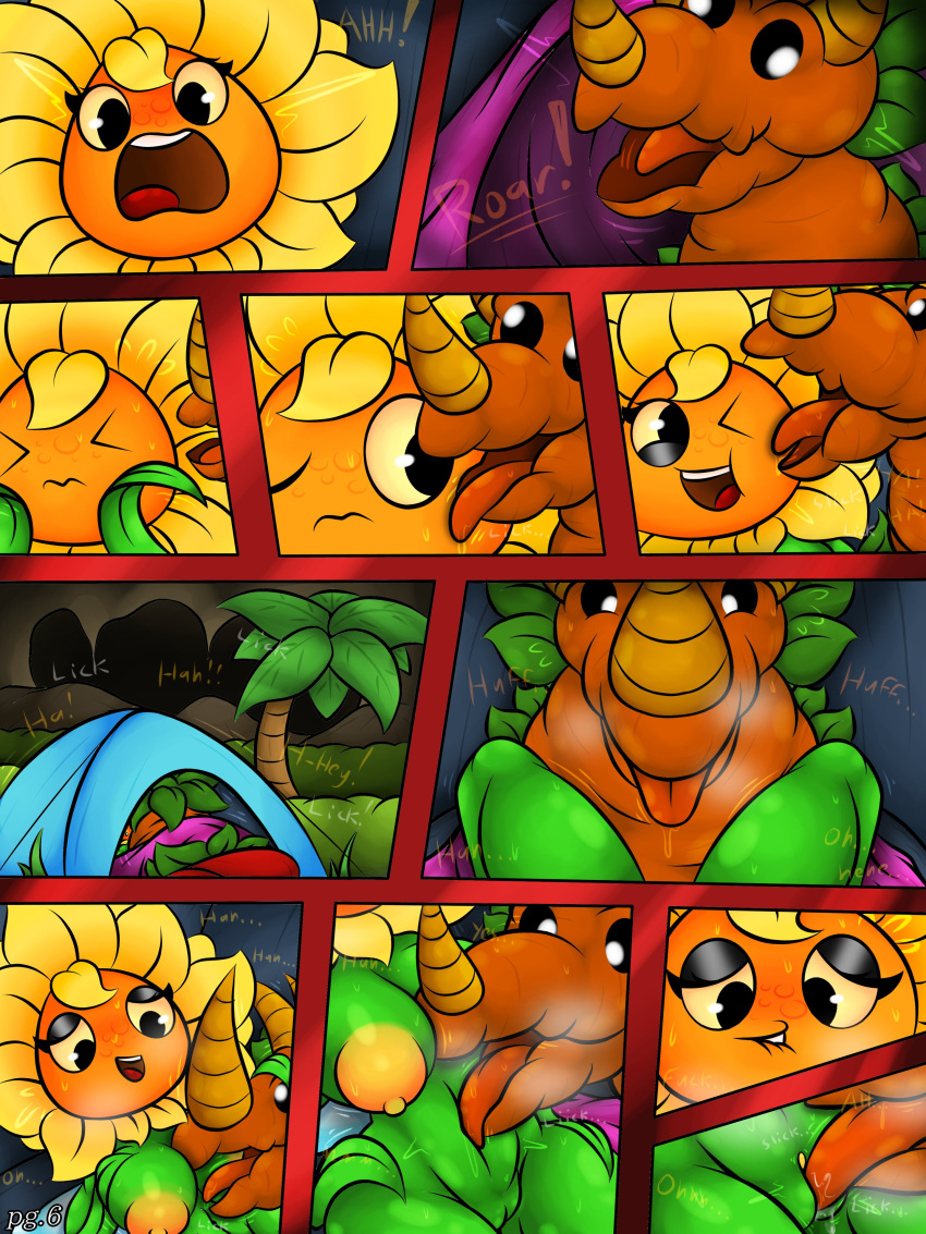 big_breasts big_thighs biting_lip blobslimey comic dinosaur green_skin licking licking_belly licking_breast licking_pussy plant_girl plantie plants_vs_zombies:_heroes scared solar_flare_(pvz) tricarrotops