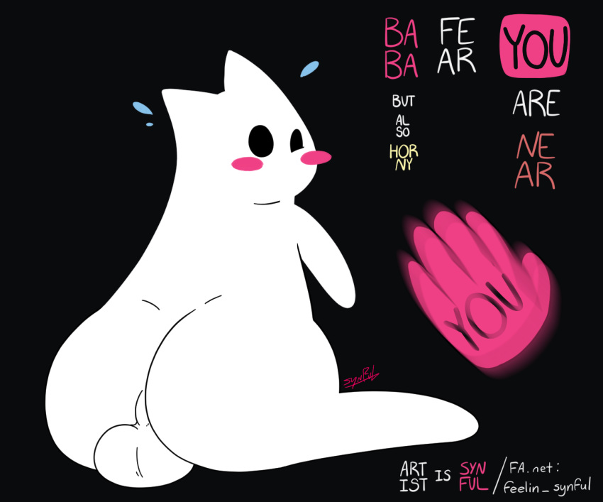 ass baba baba_is_you balls big_butt black_background blush bodily_fluids bovid butt_focus caprine digital_media_(artwork) disembodied_hand duo english_text feelin_synful feral fur genitals imminent_spanking male mammal nude simple_background sitting text video_games white_body