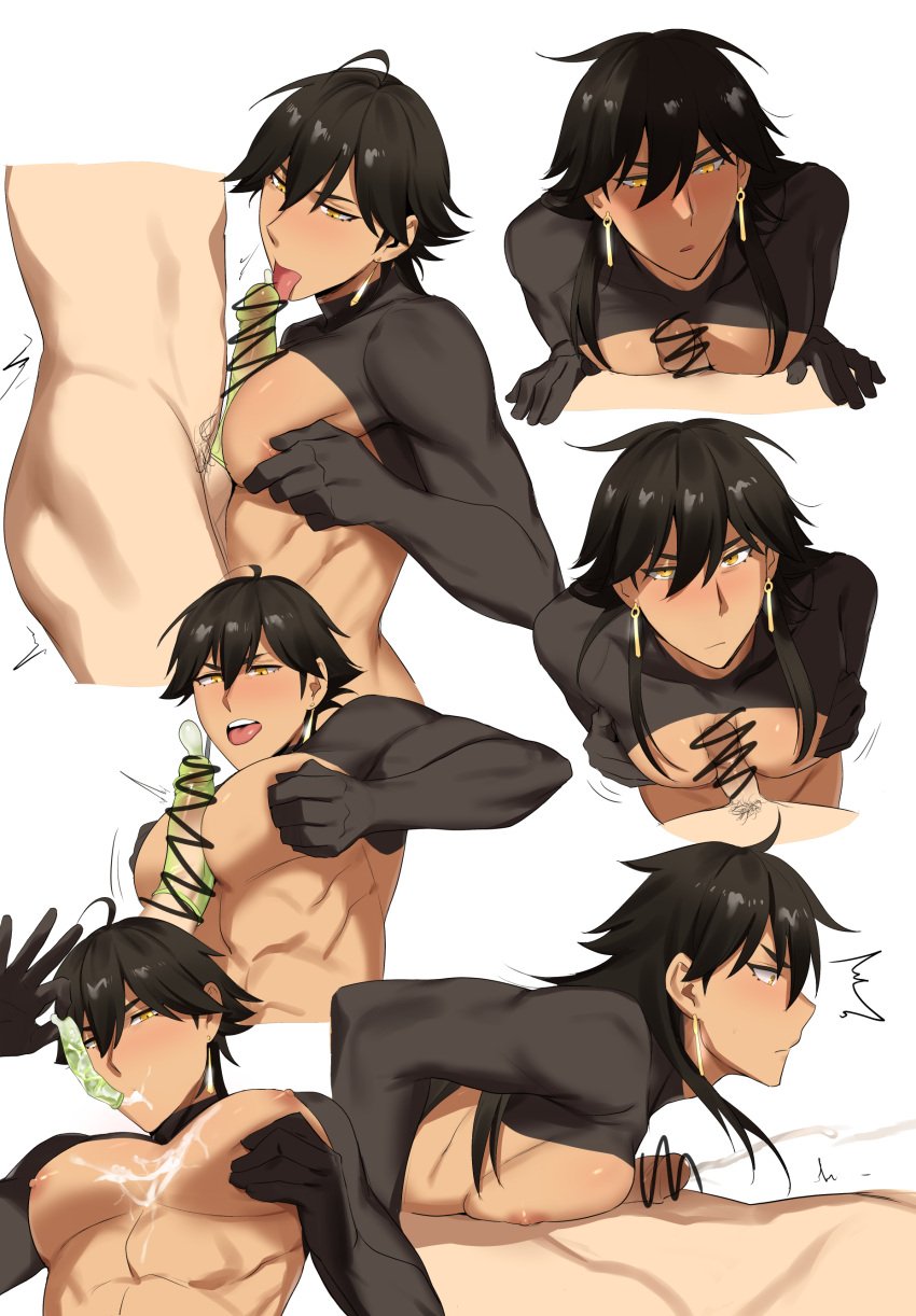 2boys black_hair censored condom cum fate_(series) gay hairox male_paizuri oral ozymandias_(fate) paizuri pecs pectorals penis yaoi