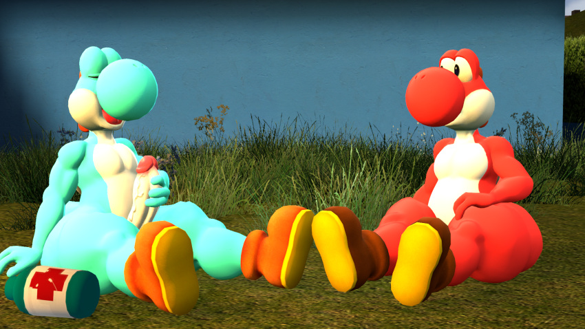 16:9 3d 3d_(artwork) anthro astro_catmew big_nose boots boots_only clothing digital_media_(artwork) duo erection footwear footwear_only front_view genitals grass hand_on_leg hand_on_thigh hi_res light_blue_yoshi looking_at_another male male/male mario_(series) masturbation moan mostly_nude nintendo penile penile_masturbation penis plant public public_nudity red_yoshi relaxing side_butt sitting sitting_on_grass sitting_on_ground source_filmmaker surprised_expression thick_thighs vein veiny_penis video_games wide_hips widescreen yoshi