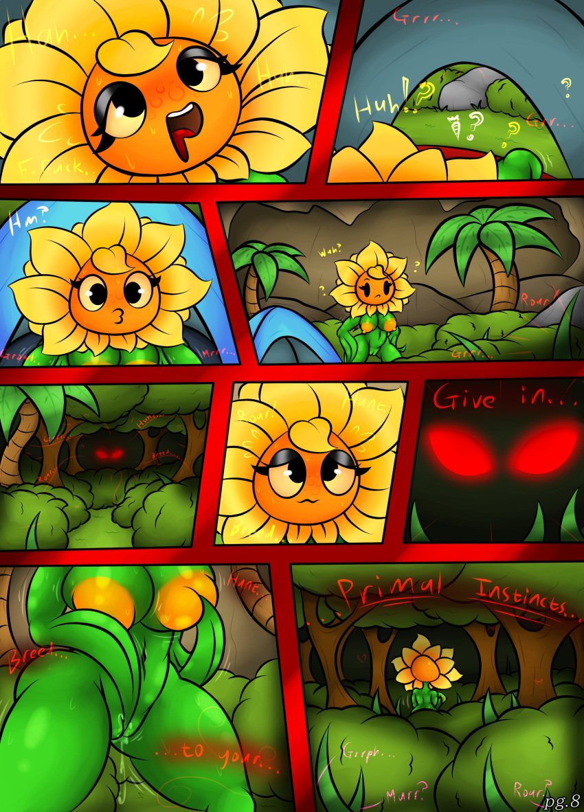 being_watched big_breasts big_thighs blobslimey comic corruption green_skin mind_break plant_girl plantie plants_vs_zombies:_heroes red_eyes rubbing_breasts rubbing_pussy satisfied solar_flare_(pvz)