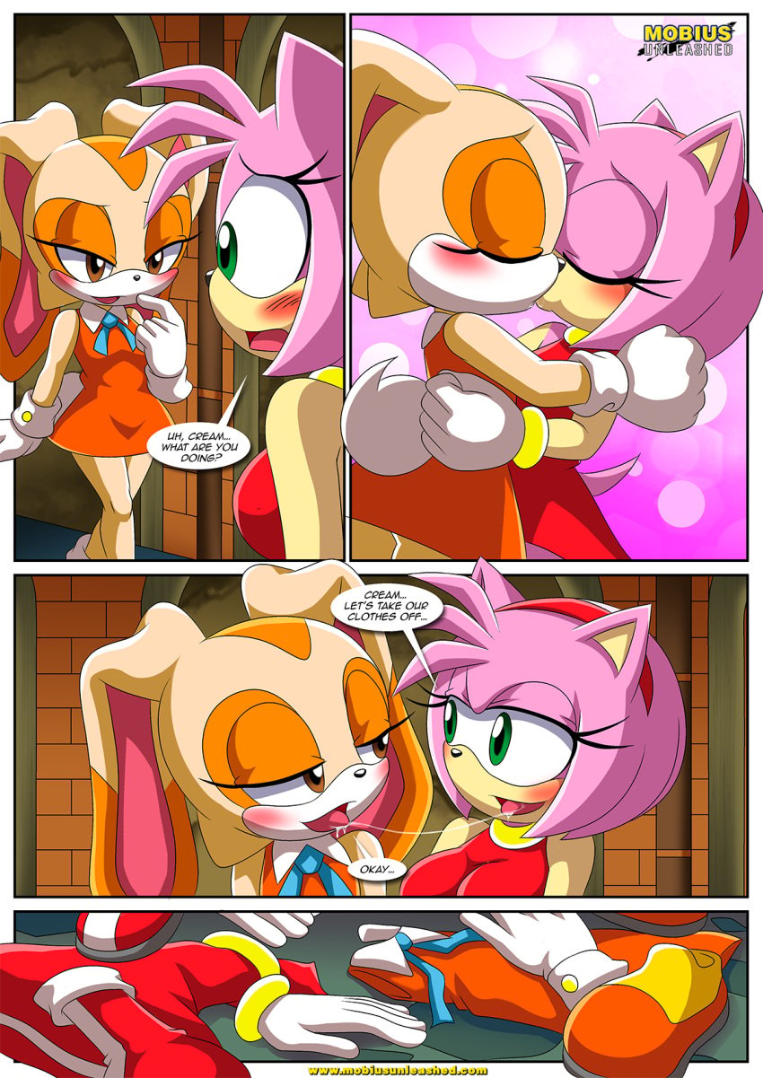 2girls amy_rose bbmbbf blush clothing comic comic_page cream_the_rabbit dress female female/female female_only kissing mobius_unleashed palcomix sega sonic_(series) sonic_the_hedgehog_(series) the_mayhem_of_the_kinky_virus_2_(comic) yuri