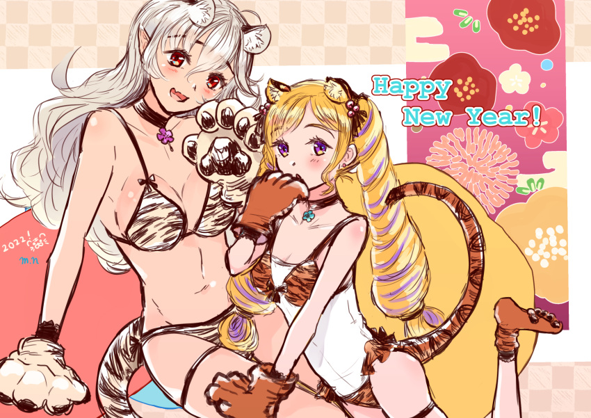 2girls alternate_costume animal_ears animal_print blonde_hair breasts chinese_zodiac corrin_(fire_emblem) corrin_(fire_emblem)_(female) drill_hair elise_(fire_emblem) female female_only fire_emblem fire_emblem_fates highres large_breasts long_hair looking_at_viewer multiple_girls mutsuki_nanami nintendo siblings sisters small_breasts tail tiger_ears tiger_print tiger_tail twin_drills upper_body white_hair year_of_the_tiger